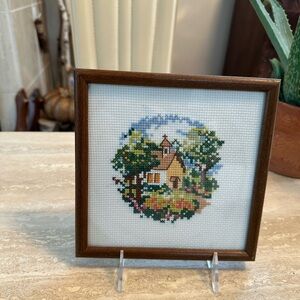 Framed Cottage Cross-Stitch Art church cottagecore decor